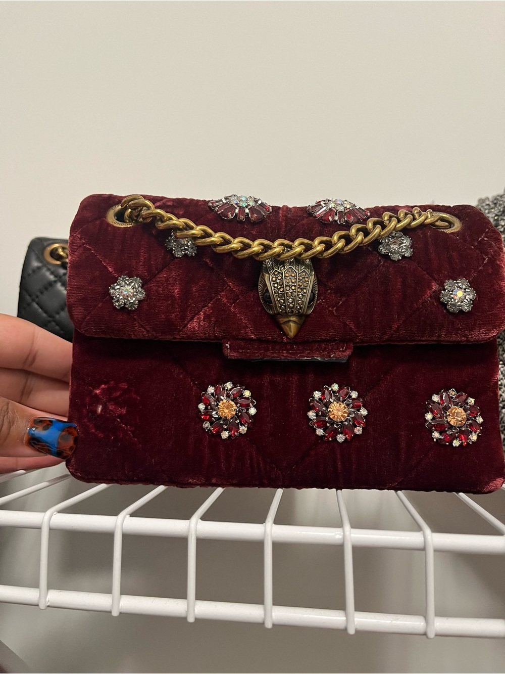 Kurt Geiger medium Embellished Burgundy Velvet Chain Shoulder Bag